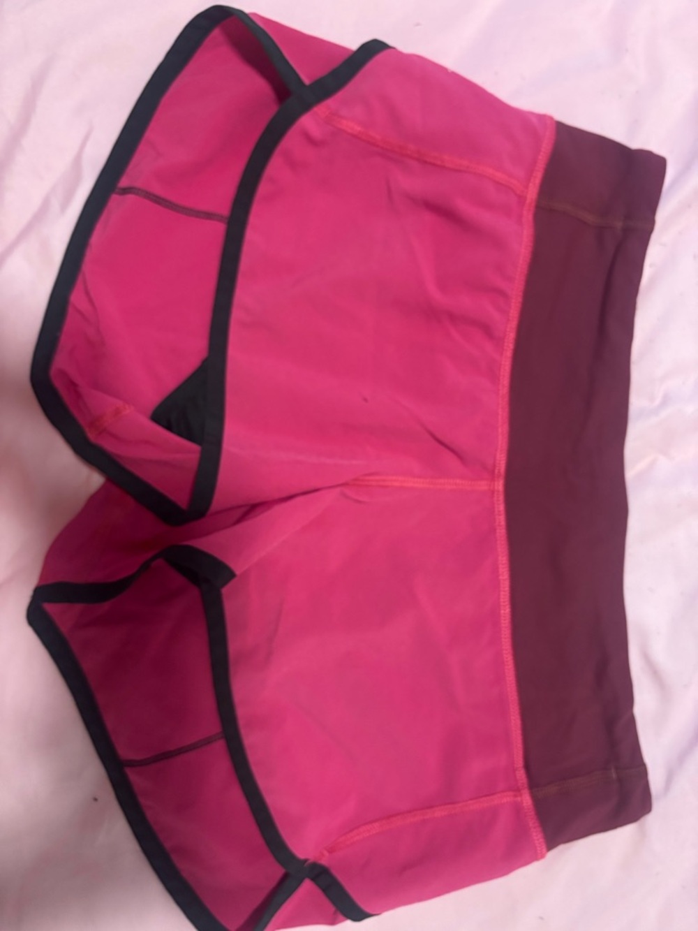 Pink Lululemon Athletic Running Shorts with Burgundy Waistbandt